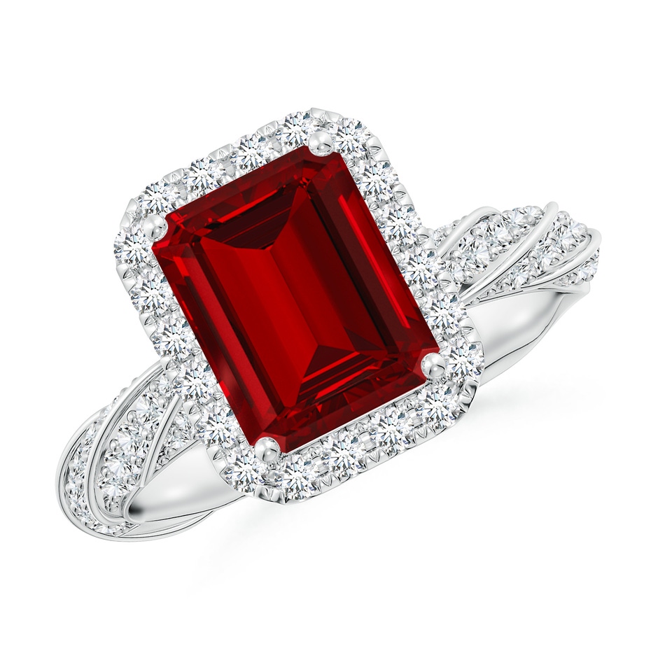 9x7mm Labgrown Emerald-Cut Lab-Grown Ruby Halo Twisted Rope Shank Engagement Ring in White Gold 