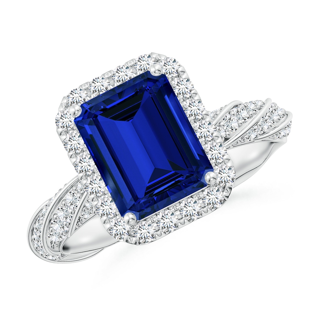 9x7mm Labgrown Emerald-Cut Lab-Grown Blue Sapphire Halo Twisted Rope Shank Engagement Ring in White Gold