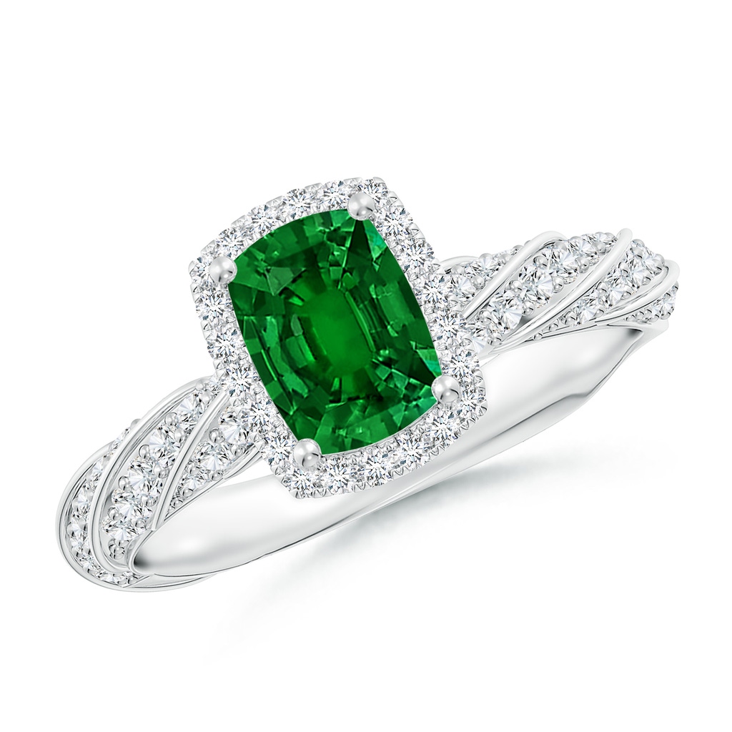 7x5mm Labgrown Cushion Rectangular Lab-Grown Emerald Halo Twisted Rope Shank Engagement Ring in White Gold