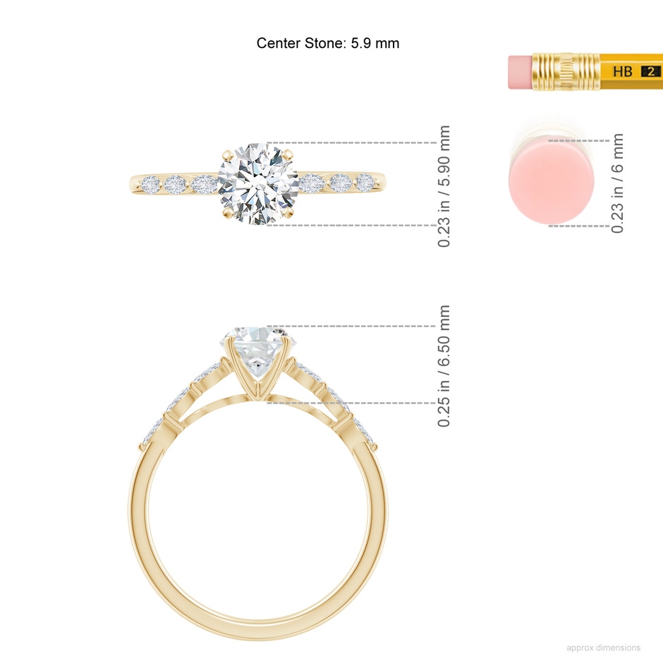 5.9mm FGVS Round Lab-Grown Diamond Engagement Ring with Marquise Accents in Yellow Gold ruler