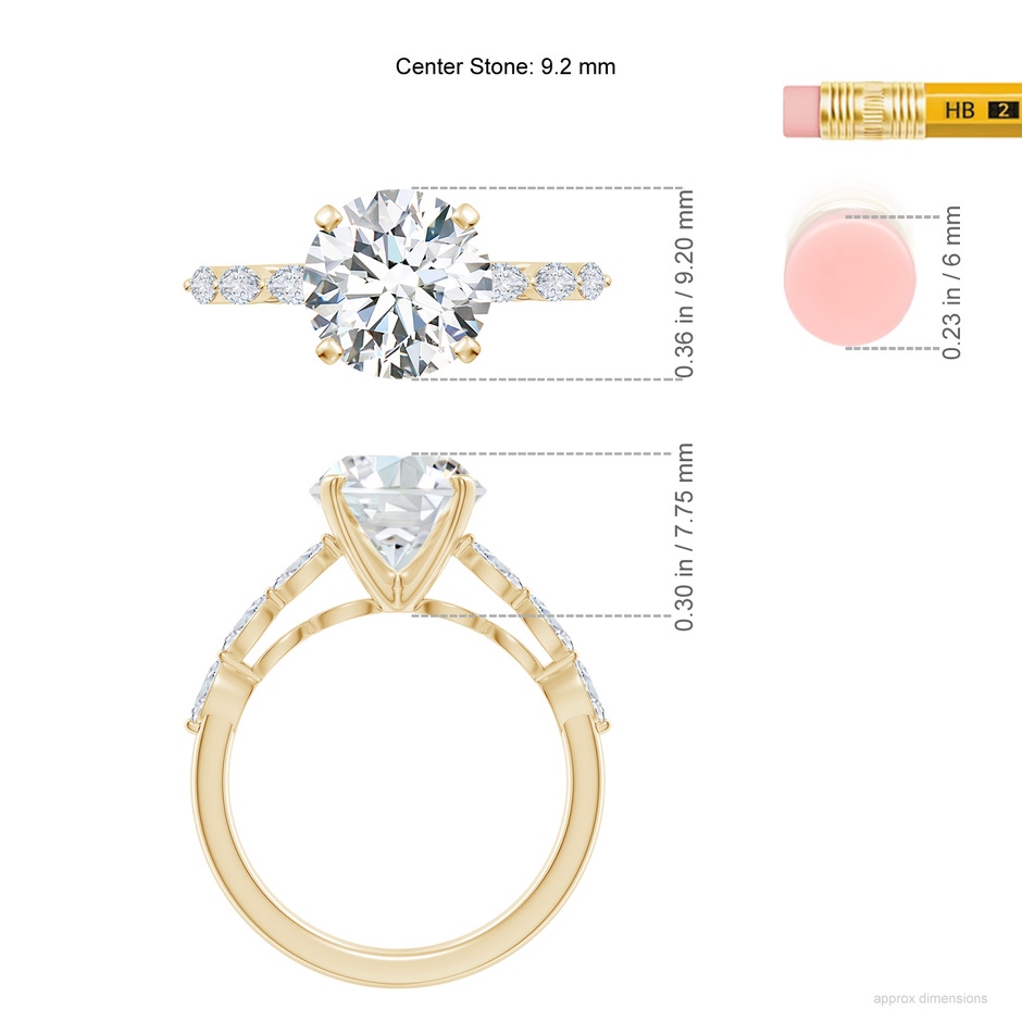 9.2mm FGVS Round Lab-Grown Diamond Engagement Ring with Marquise Accents in Yellow Gold ruler