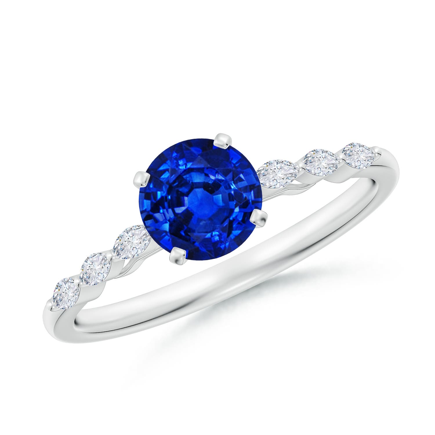 6mm Labgrown Round Lab-Grown Blue Sapphire Engagement Ring with Marquise Diamonds in 18K White Gold