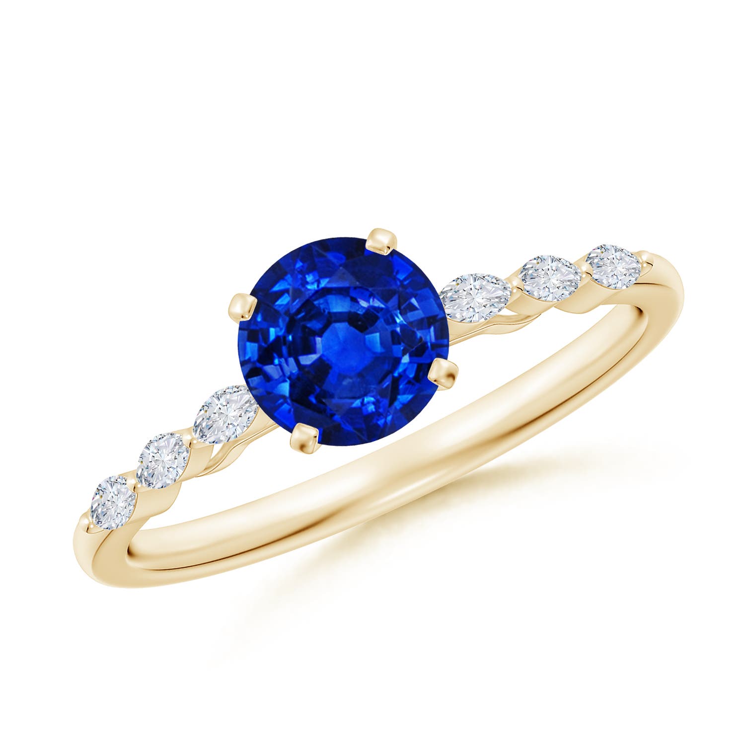 6mm Labgrown Round Lab-Grown Blue Sapphire Engagement Ring with Marquise Diamonds in 18K Yellow Gold