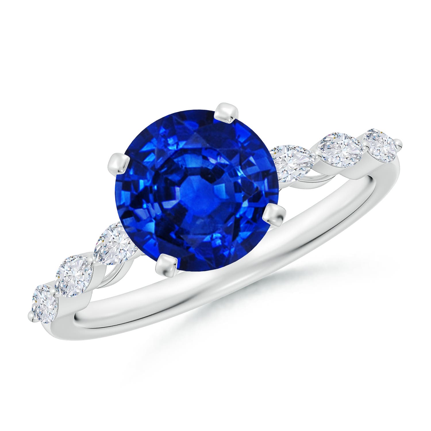 8mm Labgrown Round Lab-Grown Blue Sapphire Engagement Ring with Marquise Diamonds in 18K White Gold