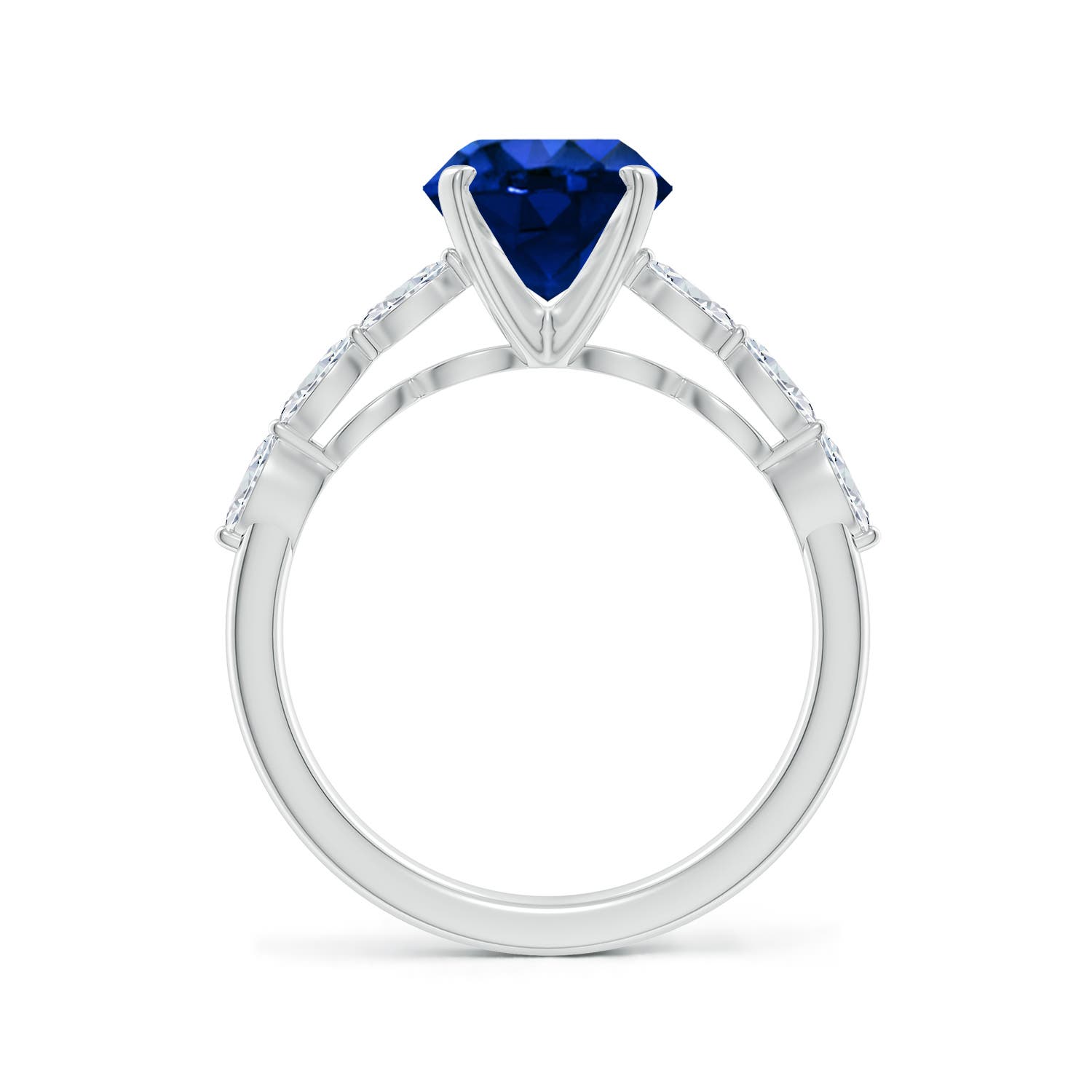 8mm Labgrown Round Lab-Grown Blue Sapphire Engagement Ring with Marquise Diamonds in 18K White Gold