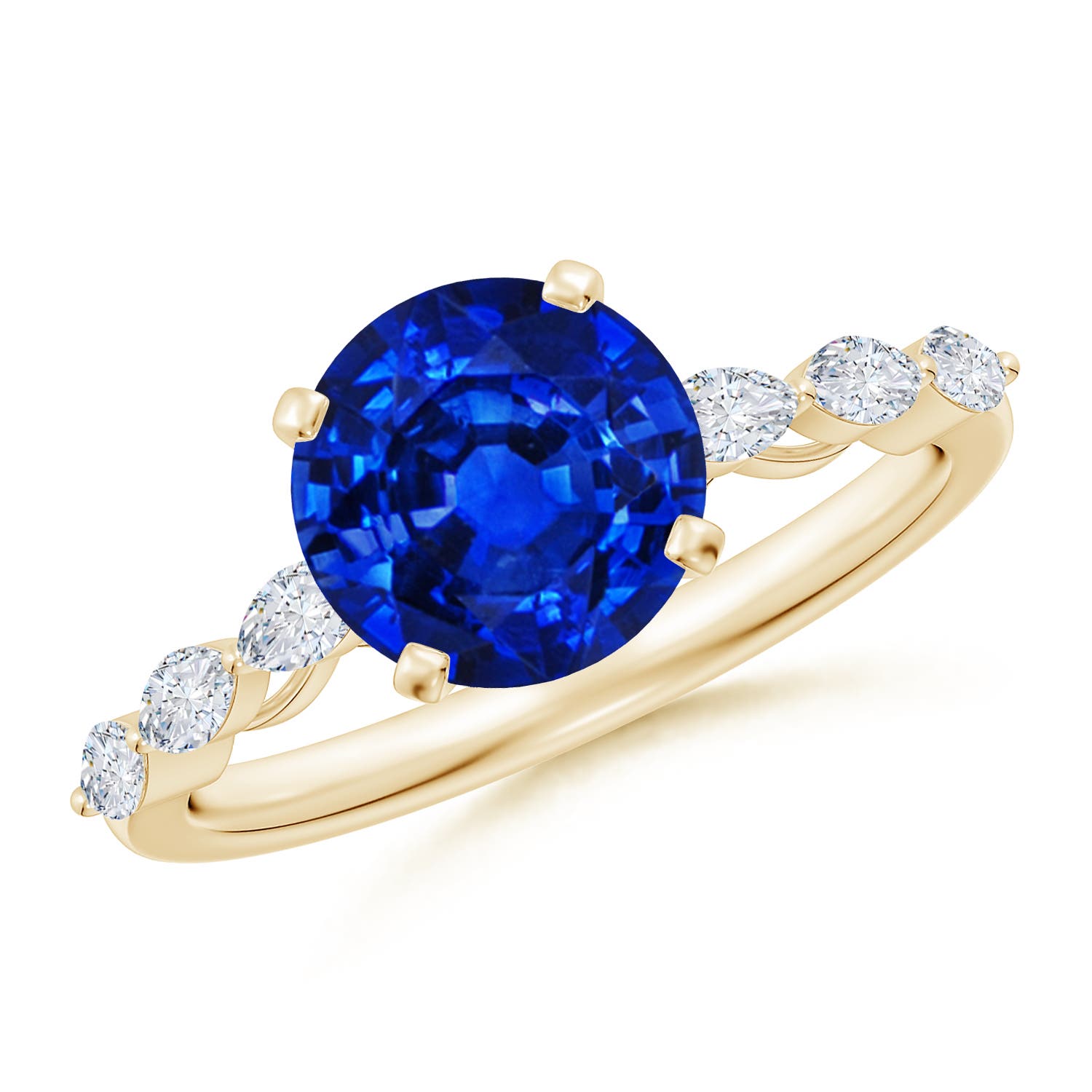 8mm Labgrown Round Lab-Grown Blue Sapphire Engagement Ring with Marquise Diamonds in Yellow Gold