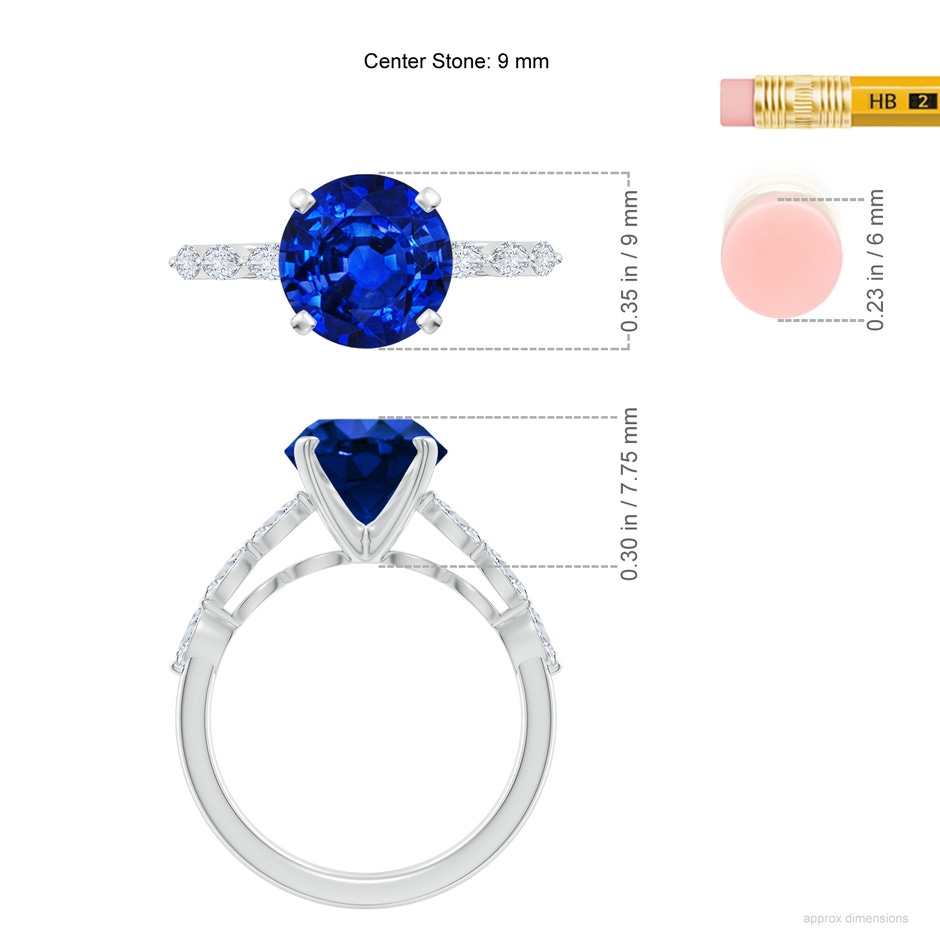 9mm Labgrown Round Lab-Grown Blue Sapphire Engagement Ring with Marquise Diamonds in 18K White Gold ruler