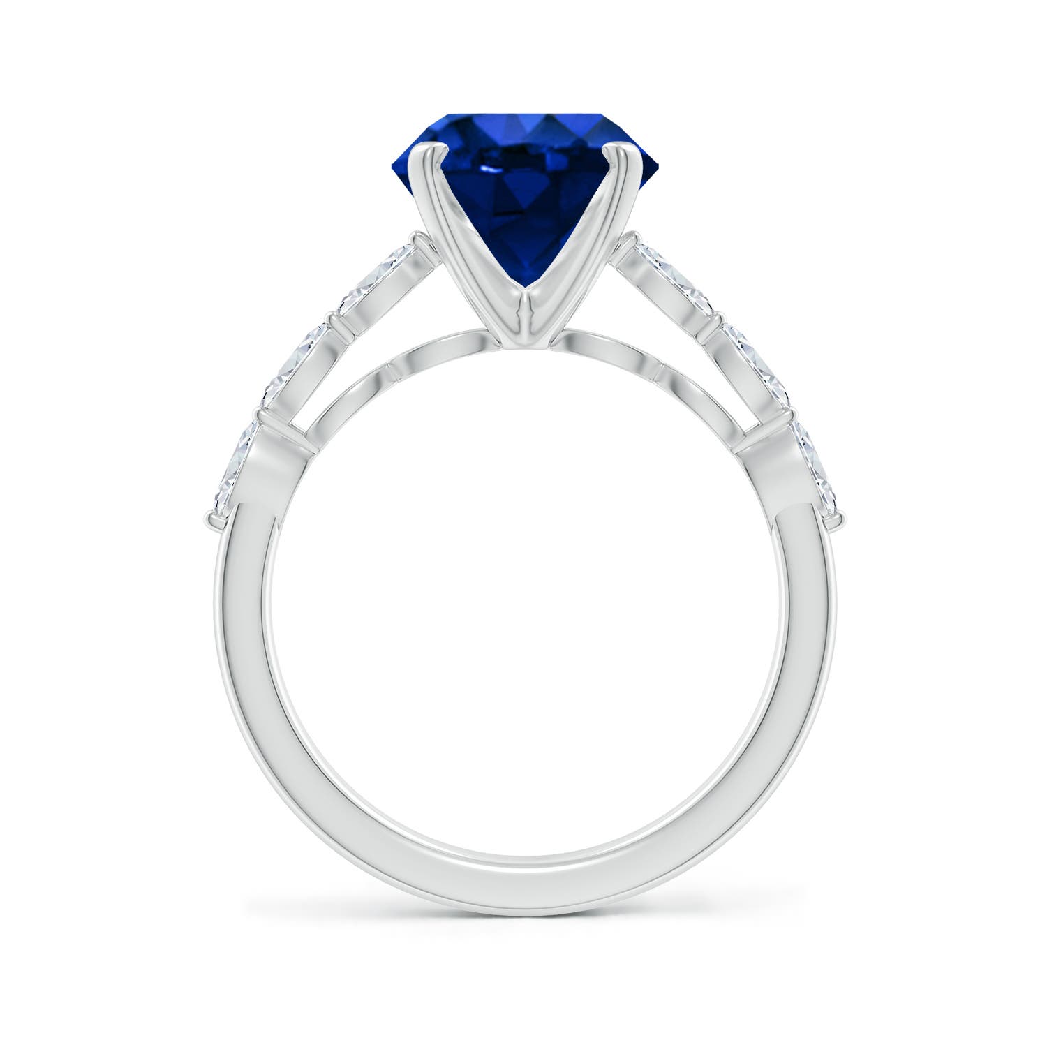 9mm Labgrown Round Lab-Grown Blue Sapphire Engagement Ring with Marquise Diamonds in White Gold