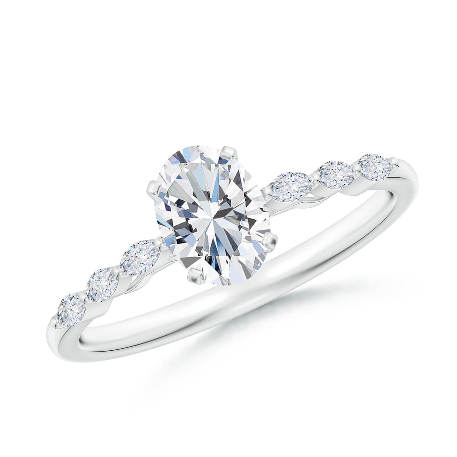 7x5mm FGVS Oval Lab-Grown Diamond Engagement Ring with Marquise Accents in 18K White Gold