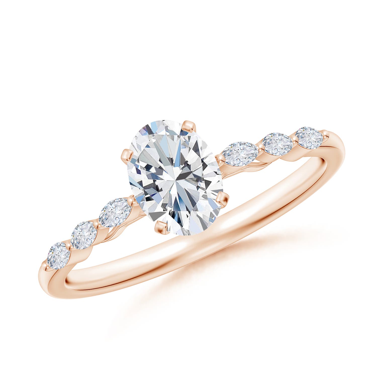 7x5mm FGVS Oval Lab-Grown Diamond Engagement Ring with Marquise Accents in Rose Gold