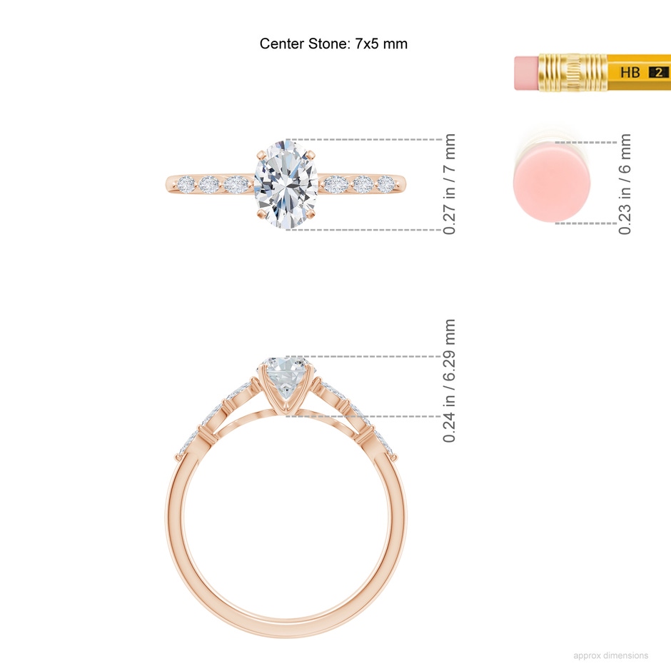 7x5mm FGVS Oval Lab-Grown Diamond Engagement Ring with Marquise Accents in Rose Gold ruler