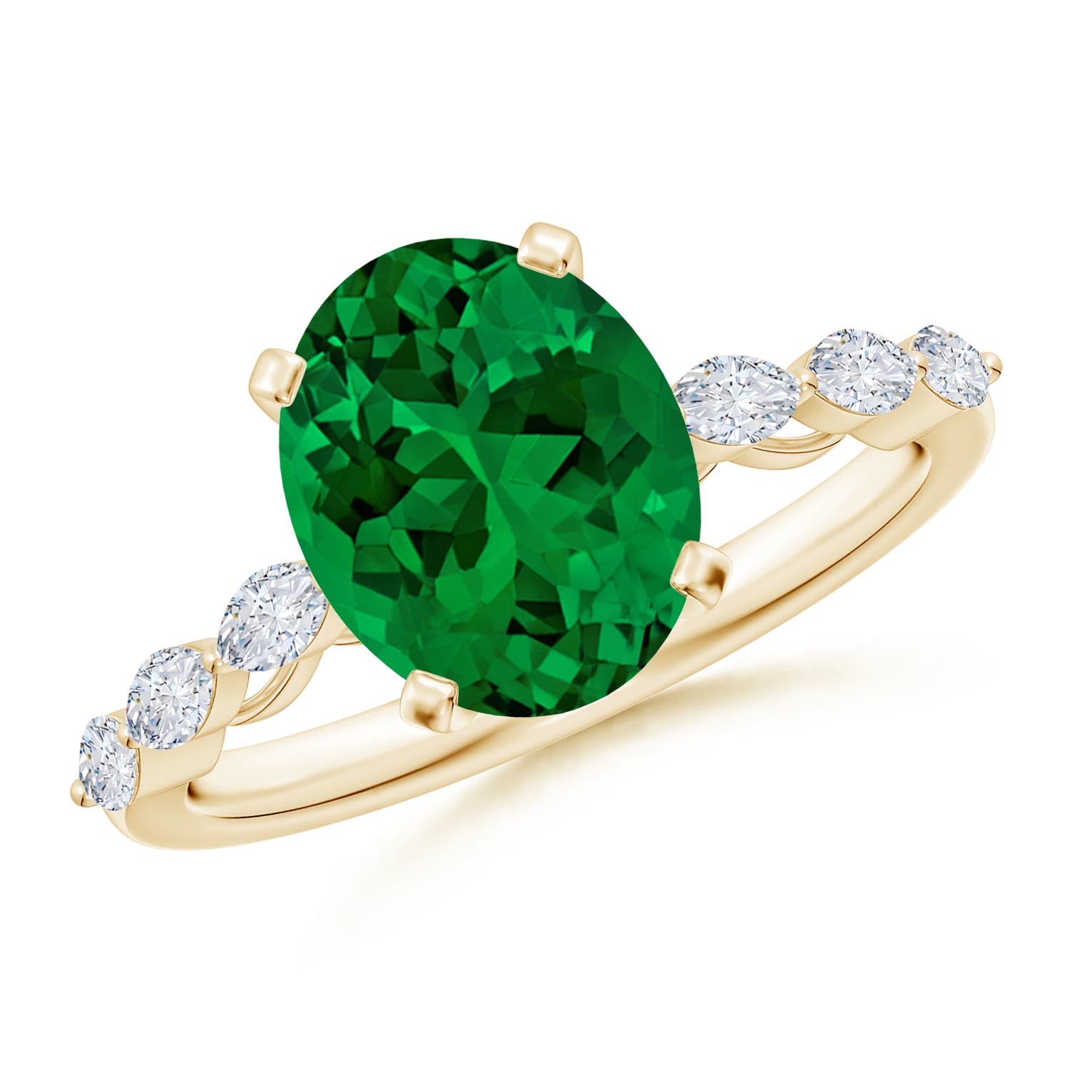 10x8mm Labgrown Oval Lab-Grown Emerald Engagement Ring with Marquise Diamonds in 18K Yellow Gold