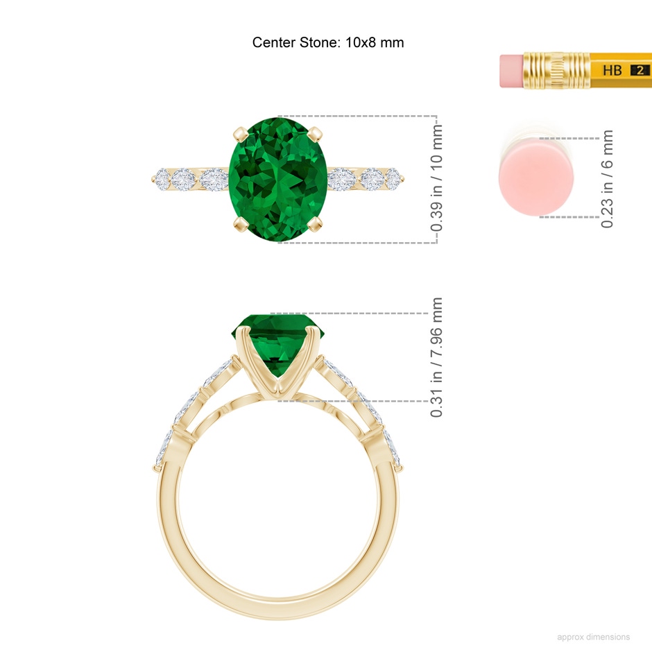 10x8mm Labgrown Oval Lab-Grown Emerald Engagement Ring with Marquise Diamonds in 18K Yellow Gold ruler