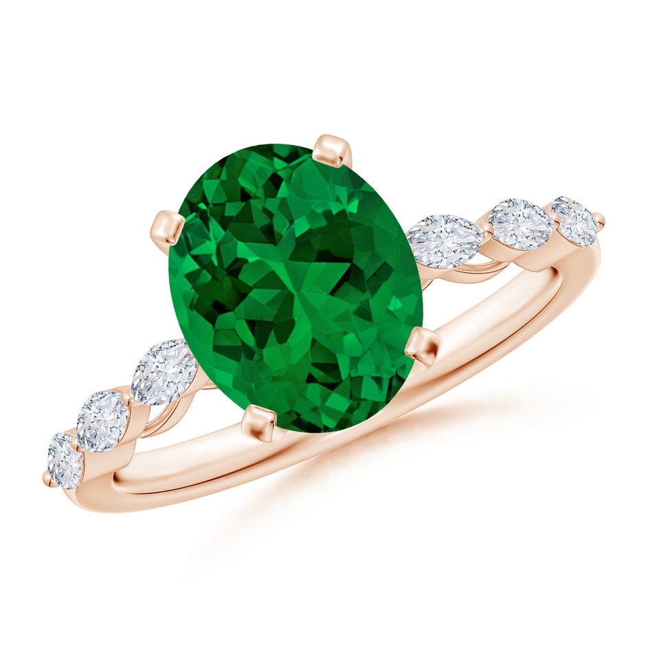 10x8mm Labgrown Oval Lab-Grown Emerald Engagement Ring with Marquise Diamonds in Rose Gold 