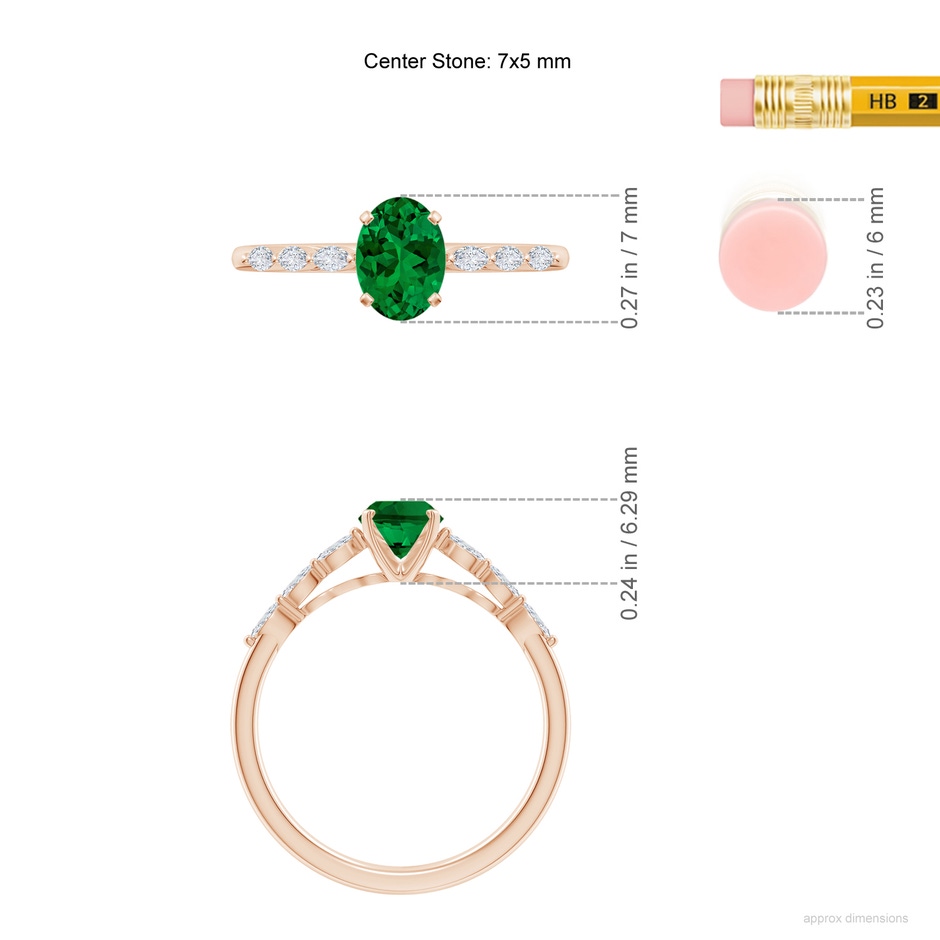 7x5mm Labgrown Oval Lab-Grown Emerald Engagement Ring with Marquise Diamonds in Rose Gold ruler