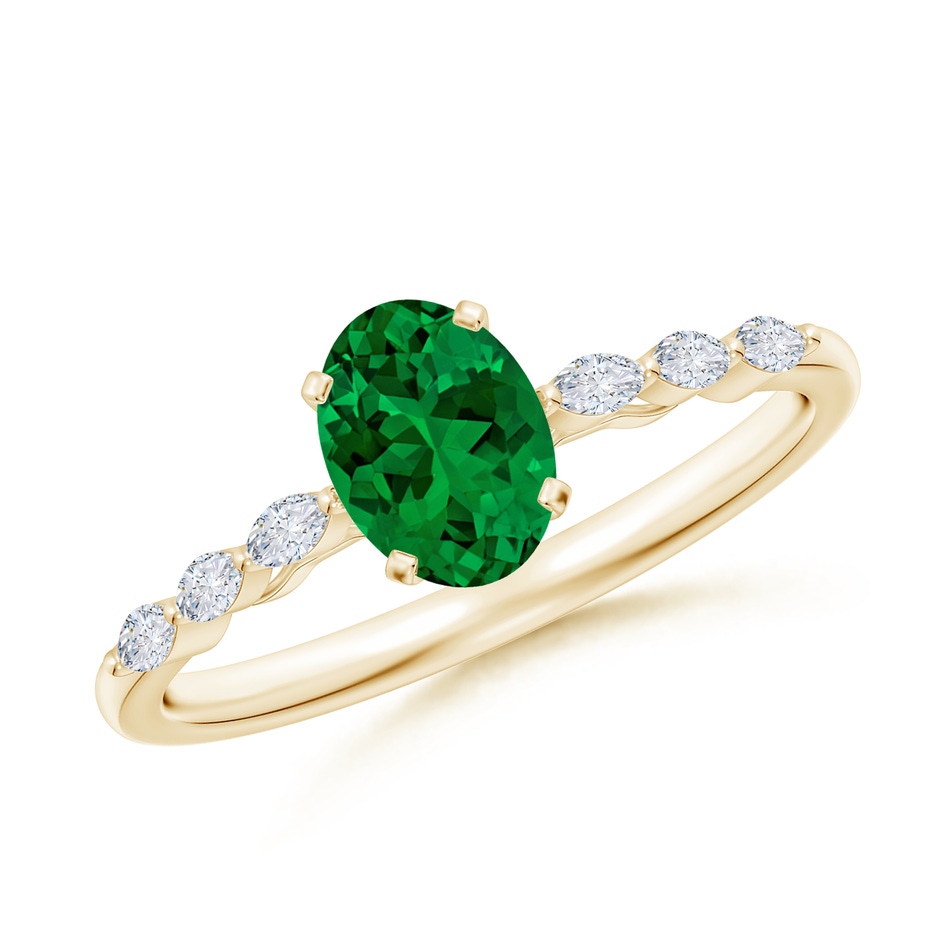 7x5mm Labgrown Oval Lab-Grown Emerald Engagement Ring with Marquise Diamonds in Yellow Gold 
