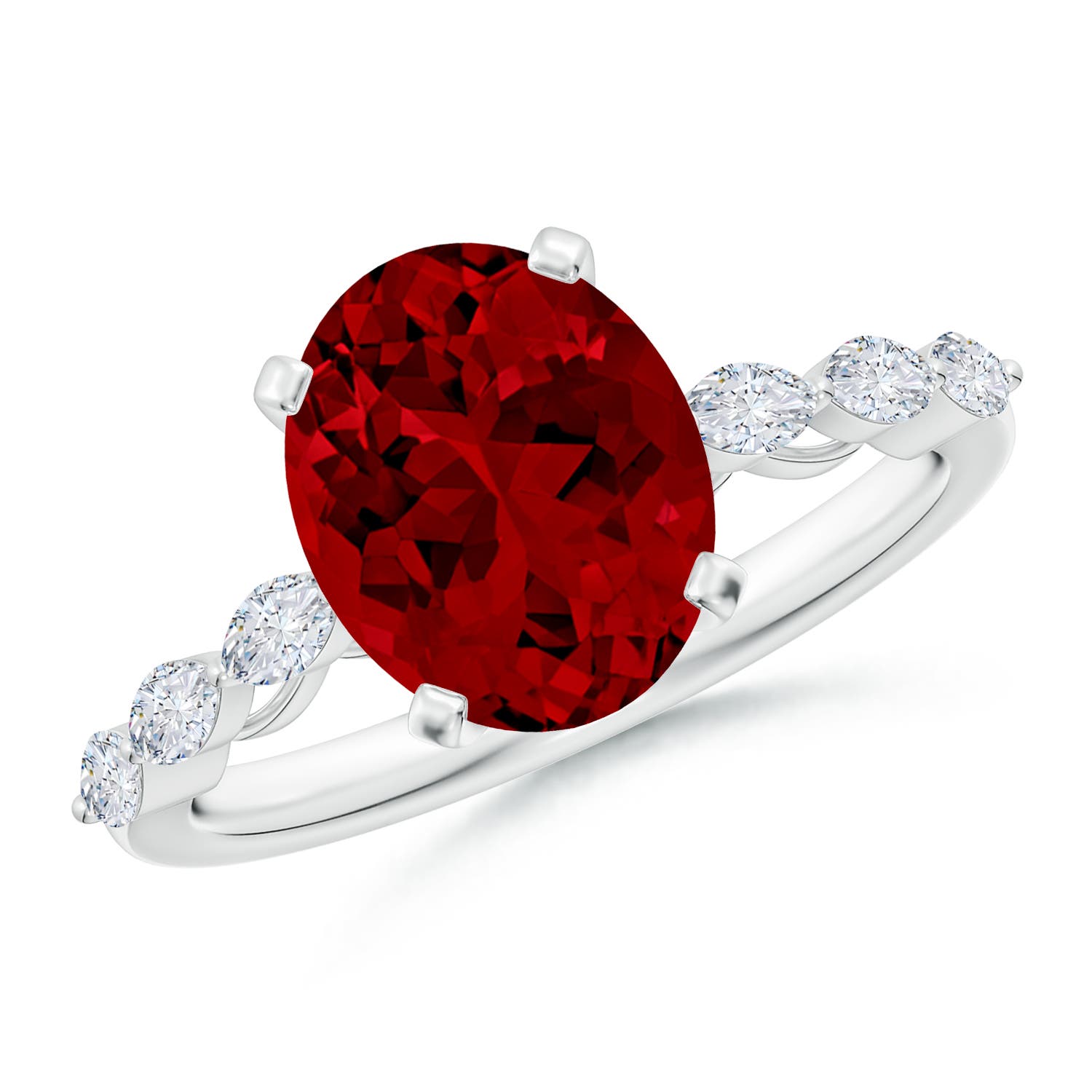 10x8mm Labgrown Oval Lab-Grown Ruby Engagement Ring with Marquise Diamonds in 18K White Gold