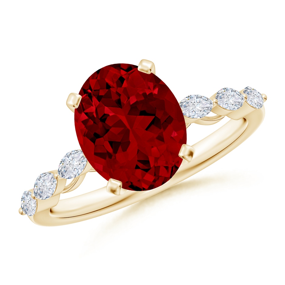 10x8mm Labgrown Oval Lab-Grown Ruby Engagement Ring with Marquise Diamonds in Yellow Gold 