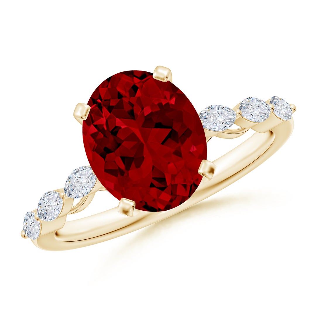 10x8mm Labgrown Oval Lab-Grown Ruby Engagement Ring with Marquise Diamonds in Yellow Gold