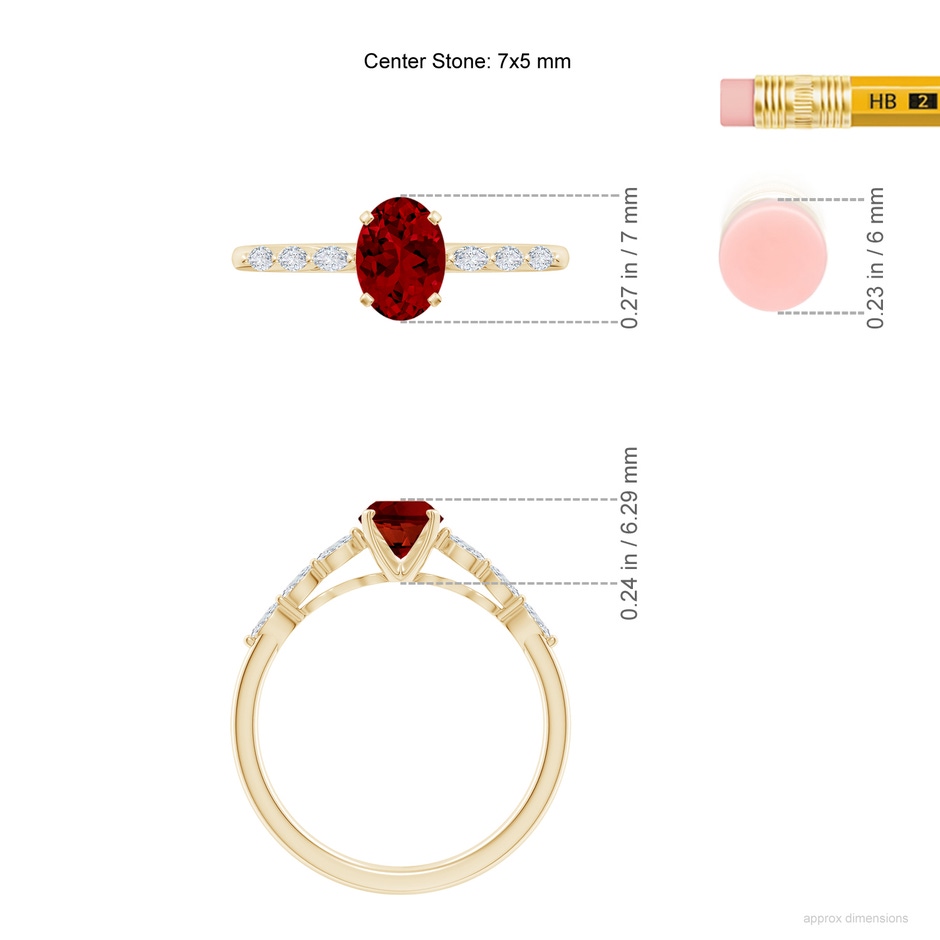 7x5mm Labgrown Oval Lab-Grown Ruby Engagement Ring with Marquise Diamonds in Yellow Gold ruler