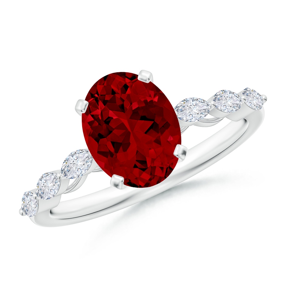 9x7mm Labgrown Oval Lab-Grown Ruby Engagement Ring with Marquise Diamonds in White Gold 