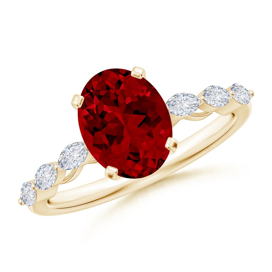 9x7mm Labgrown Oval Lab-Grown Ruby Engagement Ring with Marquise Diamonds in Yellow Gold 