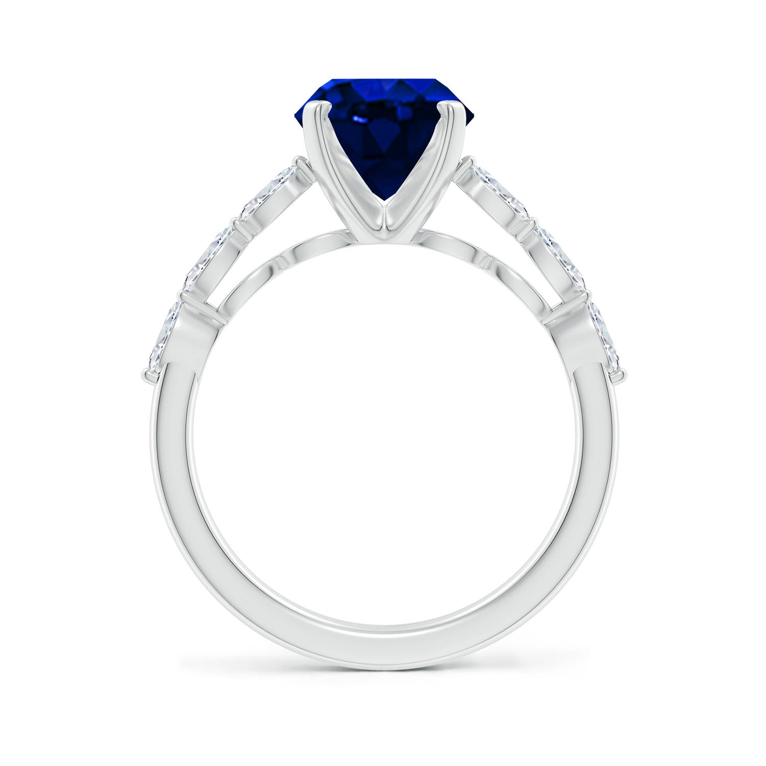 10x8mm Labgrown Oval Lab-Grown Blue Sapphire Engagement Ring with Marquise Diamonds in 18K White Gold