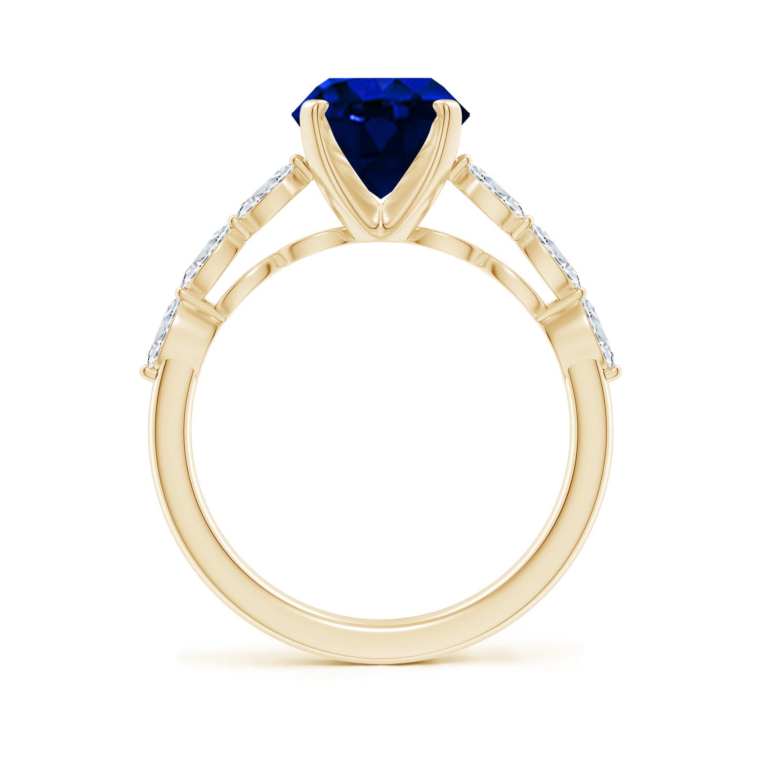 10x8mm Labgrown Oval Lab-Grown Blue Sapphire Engagement Ring with Marquise Diamonds in 18K Yellow Gold
