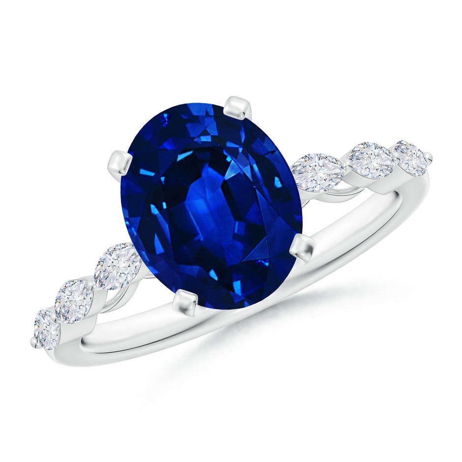 10x8mm Labgrown Oval Lab-Grown Blue Sapphire Engagement Ring with Marquise Diamonds in White Gold 