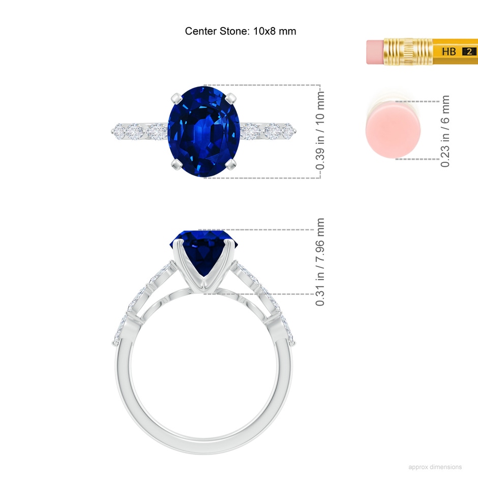 10x8mm Labgrown Oval Lab-Grown Blue Sapphire Engagement Ring with Marquise Diamonds in White Gold ruler