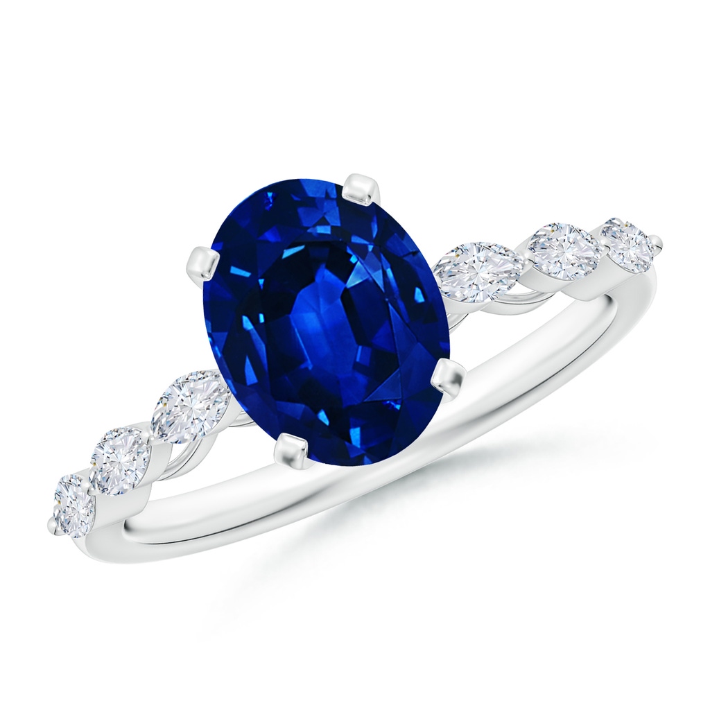 9x7mm Labgrown Oval Lab-Grown Blue Sapphire Engagement Ring with Marquise Diamonds in White Gold