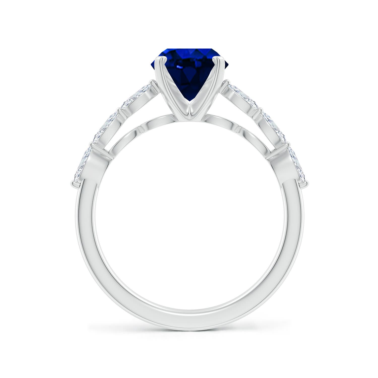 9x7mm Labgrown Oval Lab-Grown Blue Sapphire Engagement Ring with Marquise Diamonds in White Gold - side 3