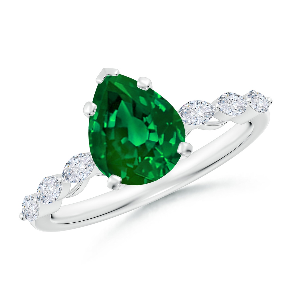 9x7mm Labgrown Pear Lab-Grown Emerald Engagement Ring with Marquise Diamonds in White Gold