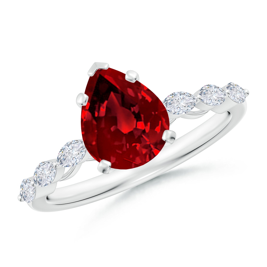 9x7mm Labgrown Pear Lab-Grown Ruby Engagement Ring with Marquise Diamonds in White Gold