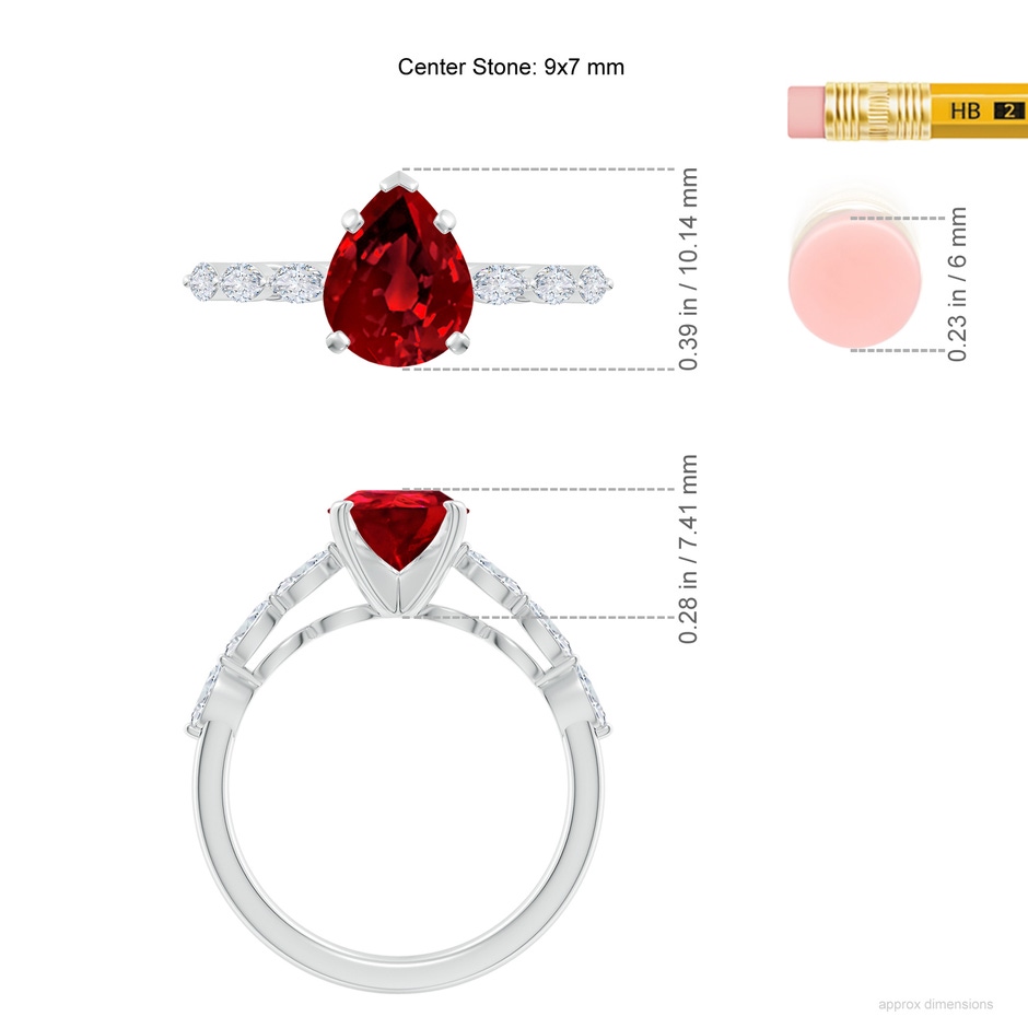 9x7mm Labgrown Pear Lab-Grown Ruby Engagement Ring with Marquise Diamonds in White Gold ruler