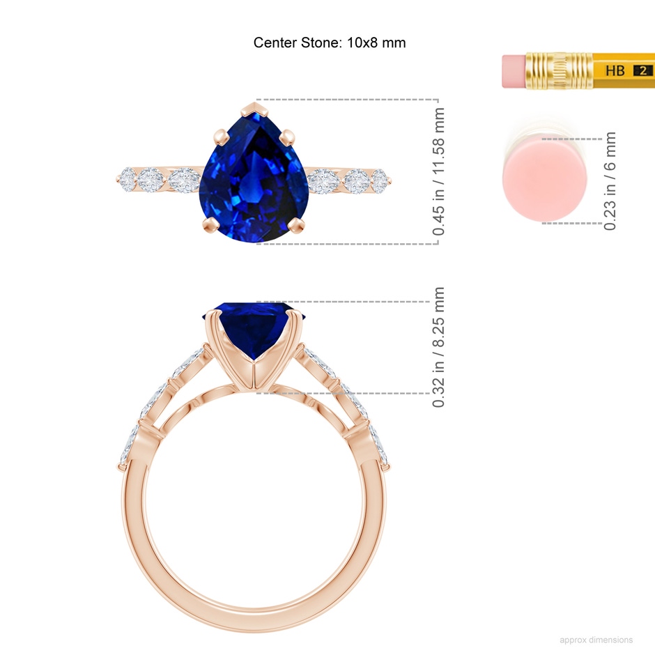 10x8mm Labgrown Pear Lab-Grown Blue Sapphire Engagement Ring with Marquise Diamonds in 18K Rose Gold ruler