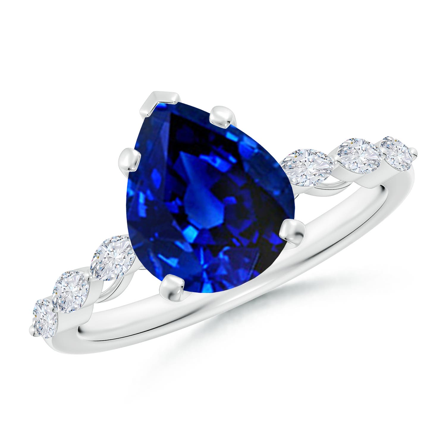 10x8mm Labgrown Pear Lab-Grown Blue Sapphire Engagement Ring with Marquise Diamonds in 18K White Gold