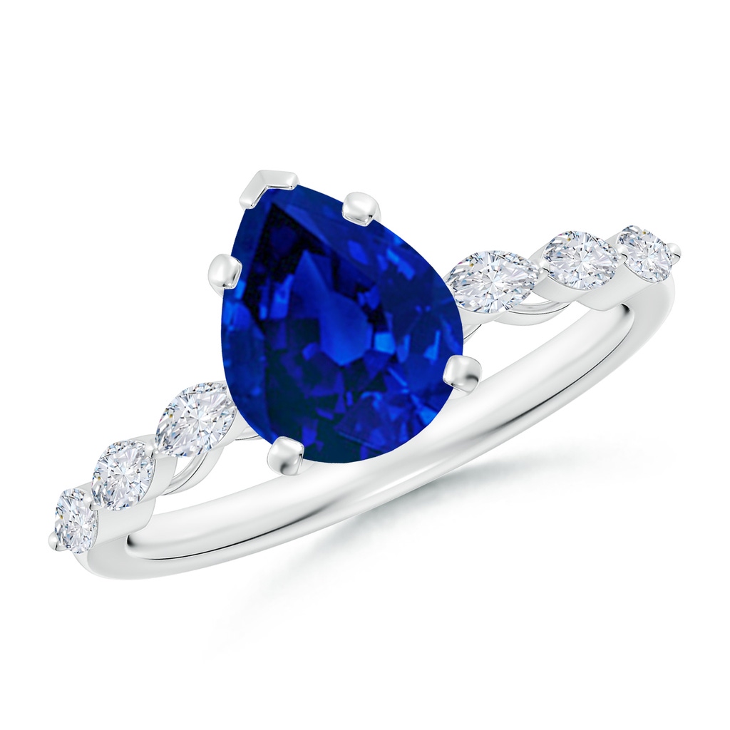 9x7mm Labgrown Pear Lab-Grown Blue Sapphire Engagement Ring with Marquise Diamonds in White Gold