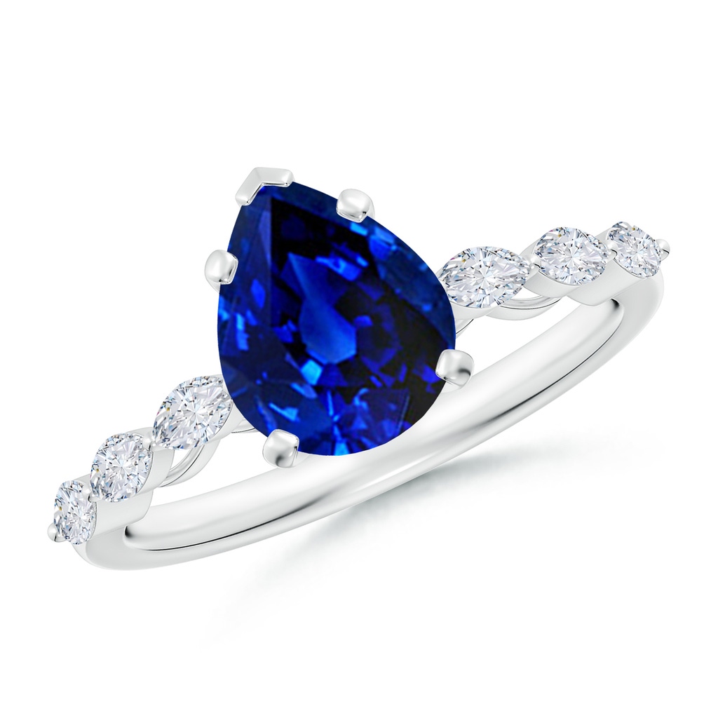 9x7mm Labgrown Pear Lab-Grown Blue Sapphire Engagement Ring with Marquise Diamonds in White Gold