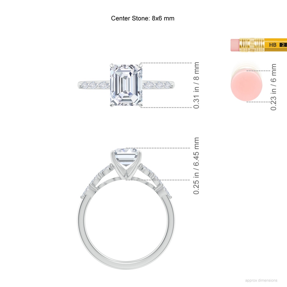 8x6mm FGVS Emerald-Cut Lab-Grown Diamond Engagement Ring with Marquise Accents in White Gold ruler