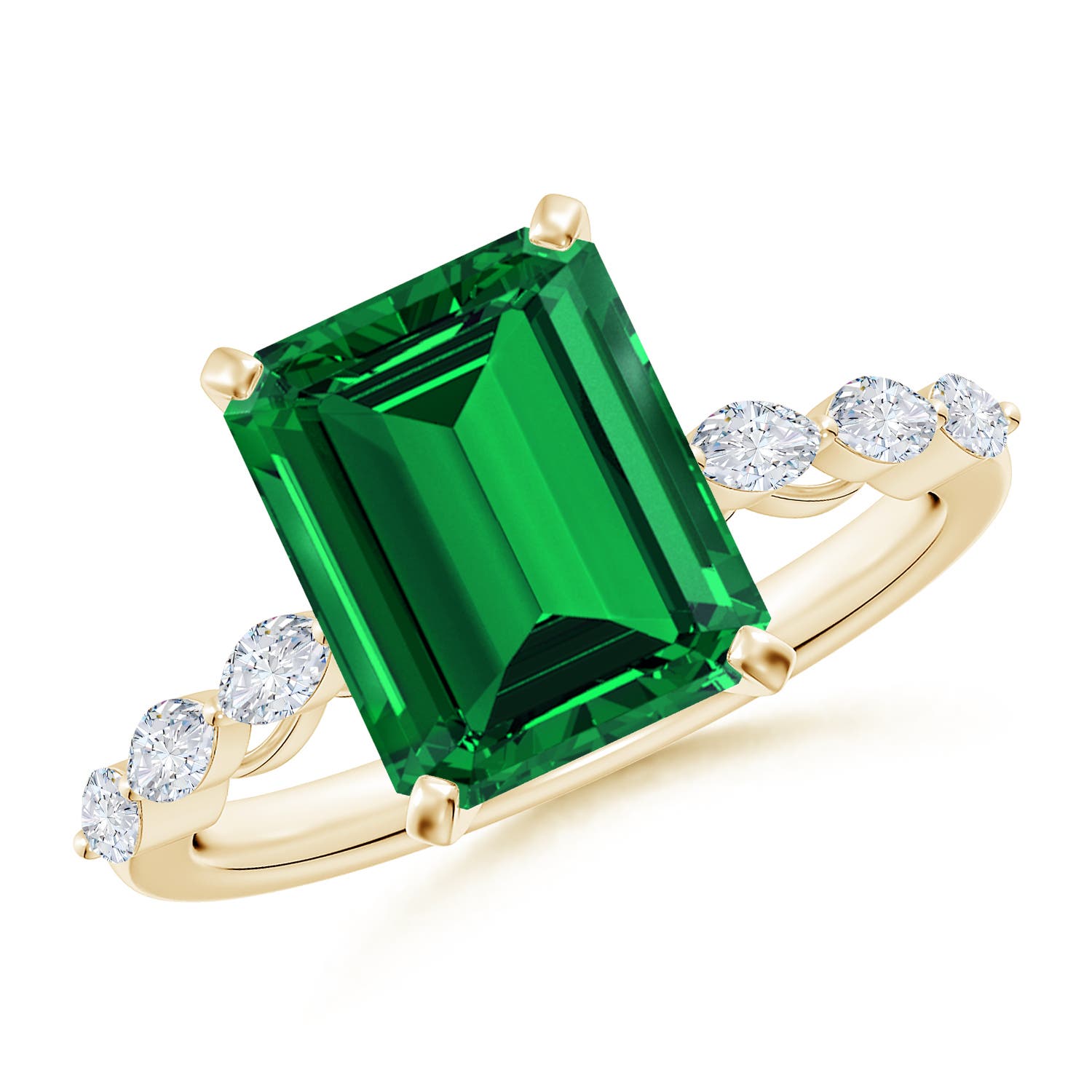 10x8mm Labgrown Prong-Set Emerald-Cut Lab-Grown Emerald Engagement Ring with Marquise Diamonds in 18CT Yellow Gold