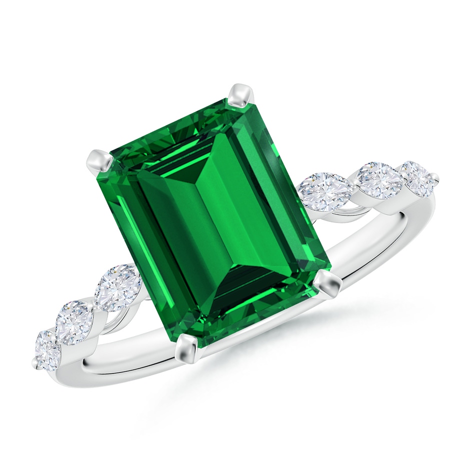 10x8mm Labgrown Prong-Set Emerald-Cut Lab-Grown Emerald Engagement Ring with Marquise Diamonds in White Gold 