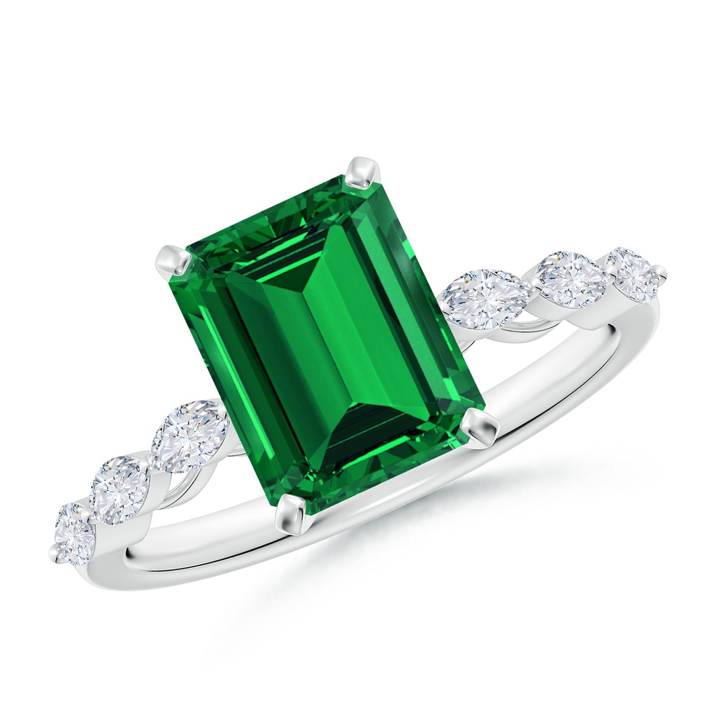 9x7mm Labgrown Emerald-Cut Lab-Grown Emerald Engagement Ring with Marquise Diamonds in White Gold