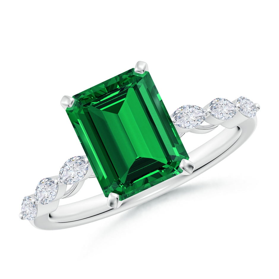 9x7mm Labgrown Emerald-Cut Lab-Grown Emerald Engagement Ring with Marquise Diamonds in White Gold 