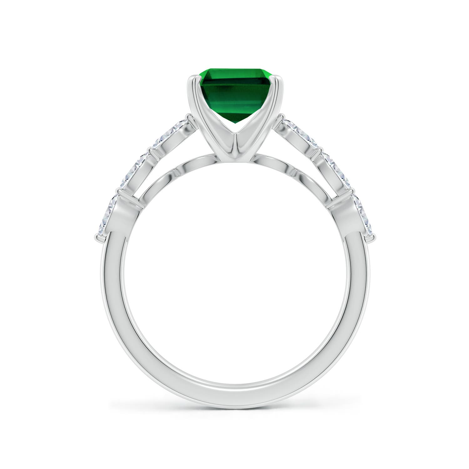 9x7mm Labgrown Prong-Set Emerald-Cut Lab-Grown Emerald Engagement Ring with Marquise Diamonds in White Gold - side 3