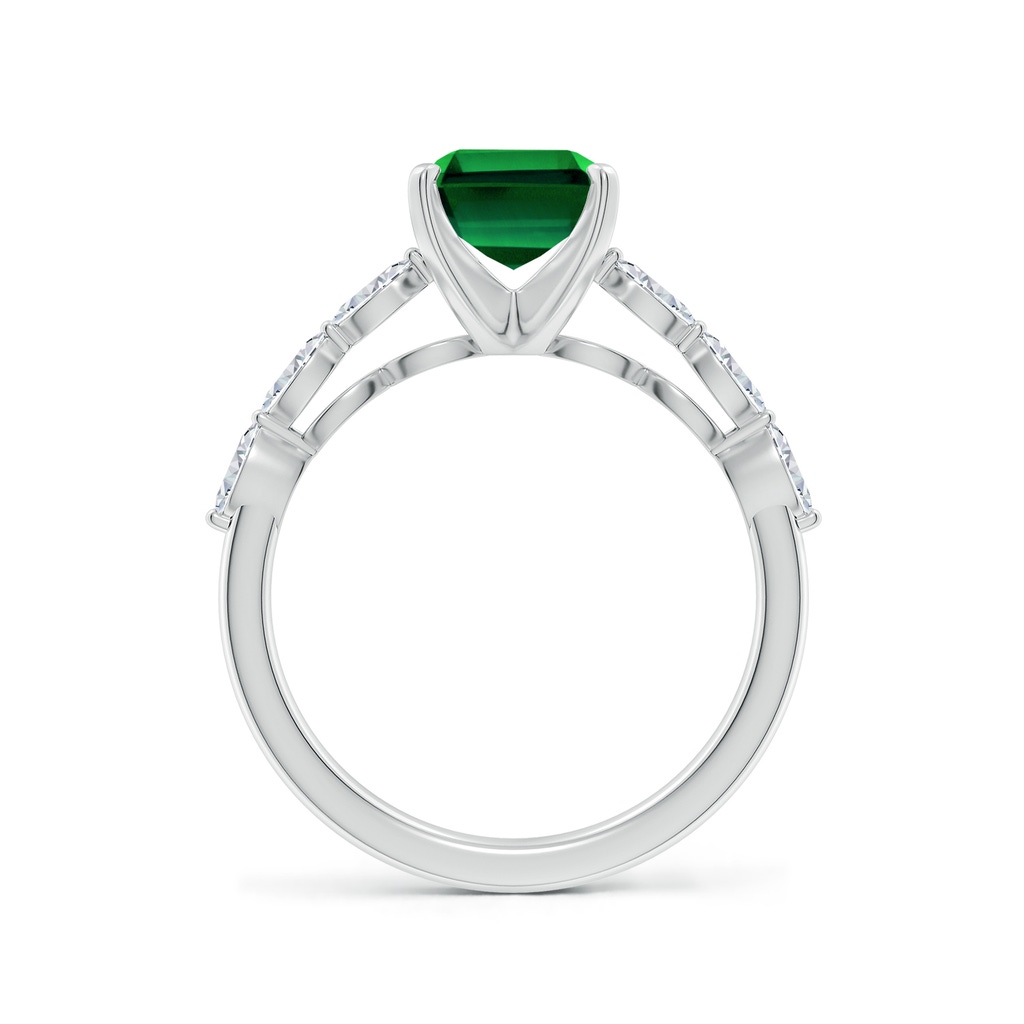 9x7mm Labgrown Prong-Set Emerald-Cut Lab-Grown Emerald Engagement Ring with Marquise Diamonds in White Gold - side 199