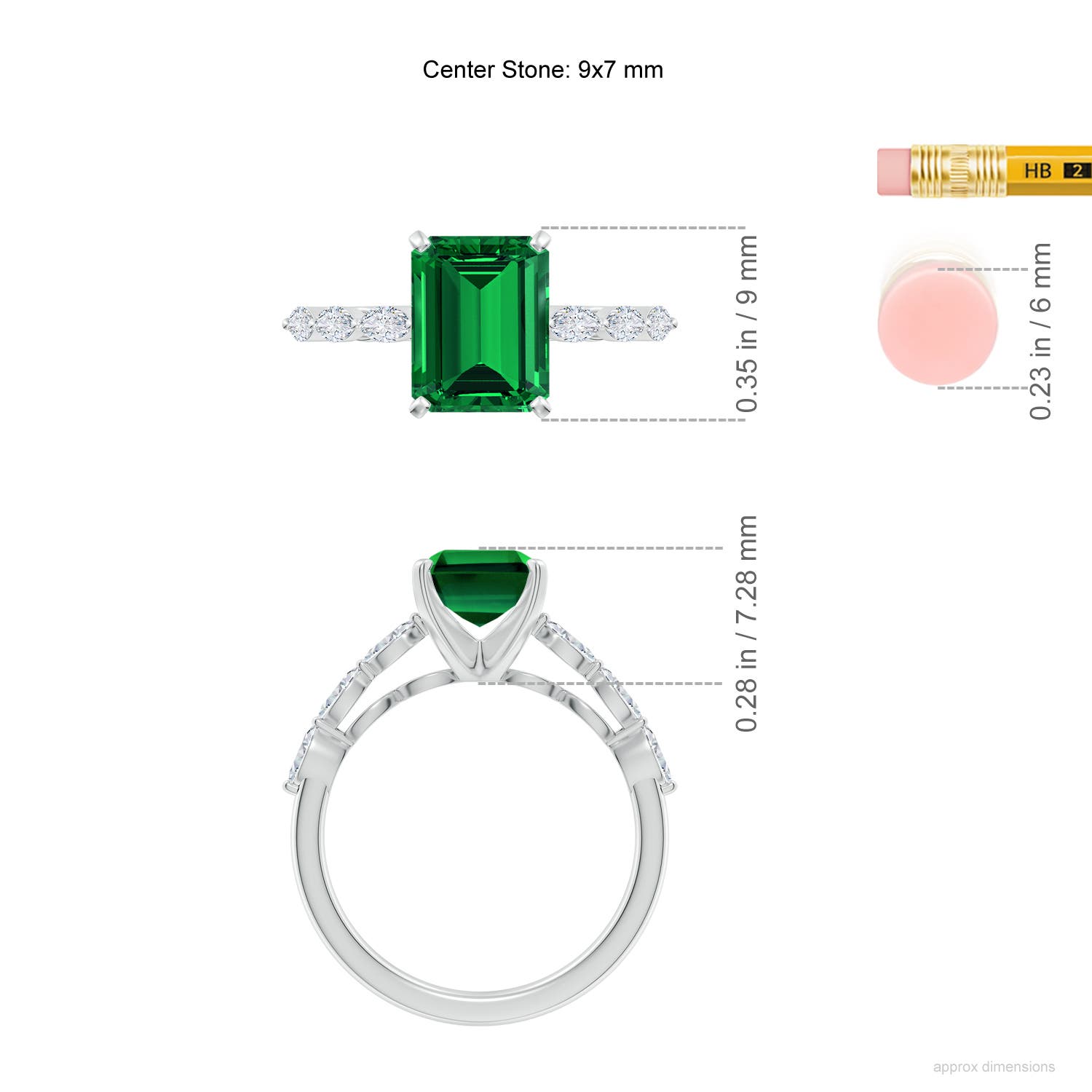 9x7mm Labgrown Prong-Set Emerald-Cut Lab-Grown Emerald Engagement Ring with Marquise Diamonds in White Gold - ruler
