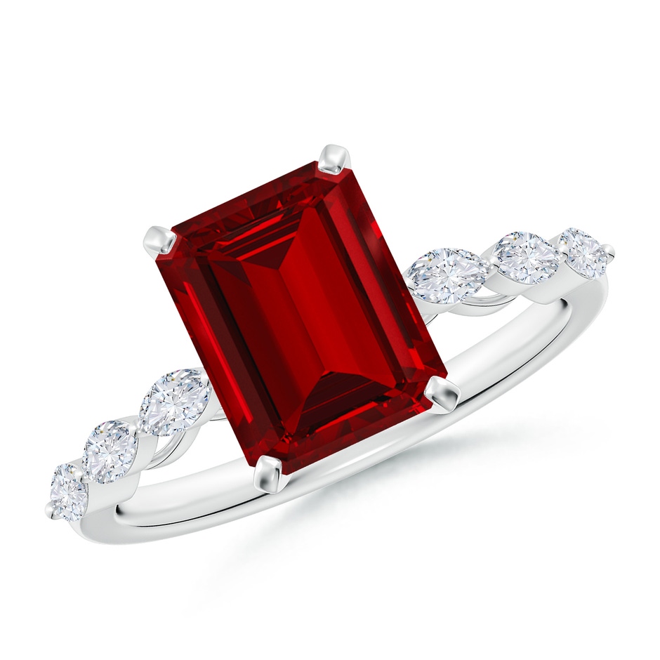 9x7mm Labgrown Emerald-Cut Lab-Grown Ruby Engagement Ring with Marquise Diamonds in White Gold 