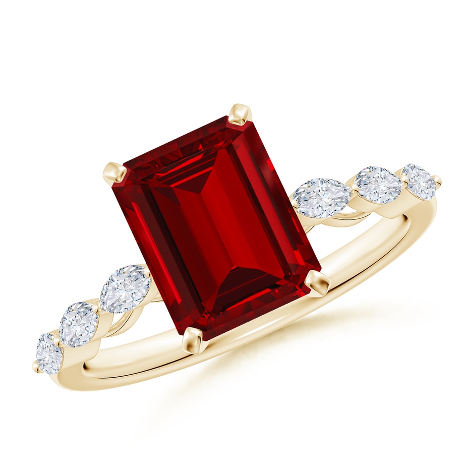 9x7mm Labgrown Emerald-Cut Lab-Grown Ruby Engagement Ring with Marquise Diamonds in Yellow Gold 