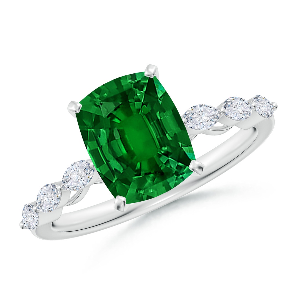 9x7mm Labgrown Cushion Rectangular Lab-Grown Emerald Engagement Ring with Marquise Diamonds in White Gold
